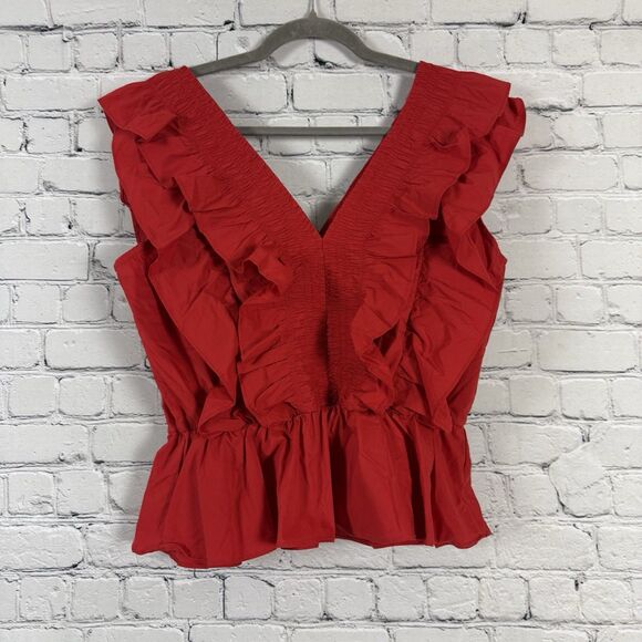 NWT BURU Red Deep V-Neck Peplum Tank Top Blouse Smocked Ruffle - Picture 8 of 10